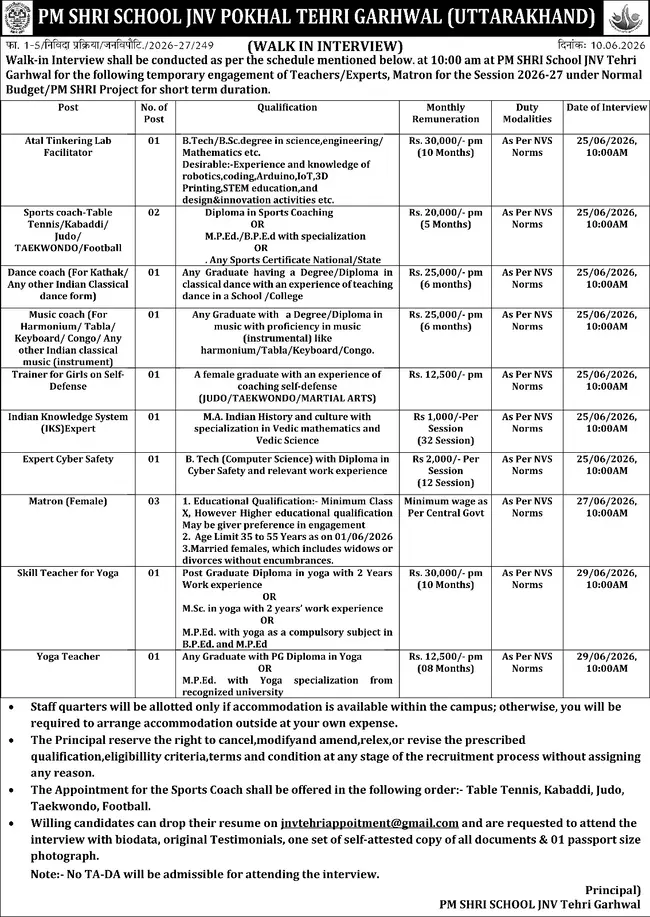 JNV Tehri Notification jnv tehri notification