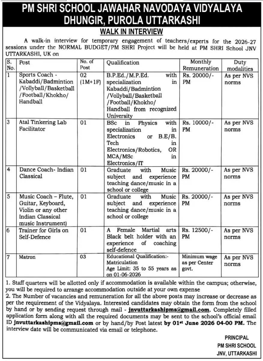 Jawahar Navodaya Vidyalaya Uttarkashi Notification jawahar navodaya vidyalaya uttarkashi notification